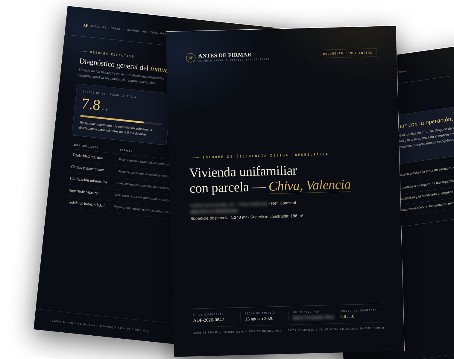 Ejemplo ilustrativo del informe de No Firmes, con índice de seguridad jurídica y áreas analizadas